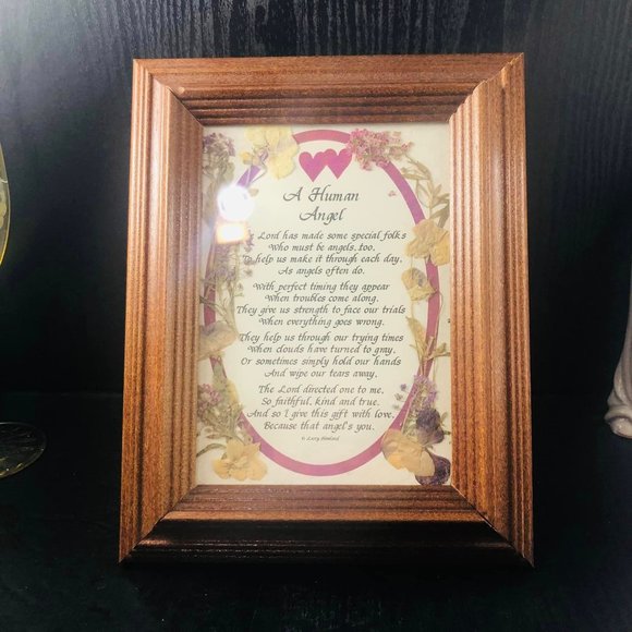 Vintage "A Human Angel" Wood Framed Pressed Flowers and Friendship Calligraphy P - Picture 1 of 6